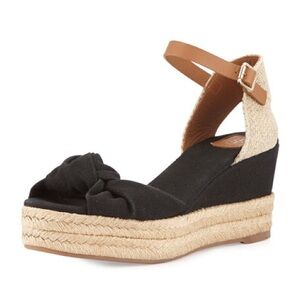 Tory Burch Knotted Bow Wedge Sandal Black and Royal Tan Size 7